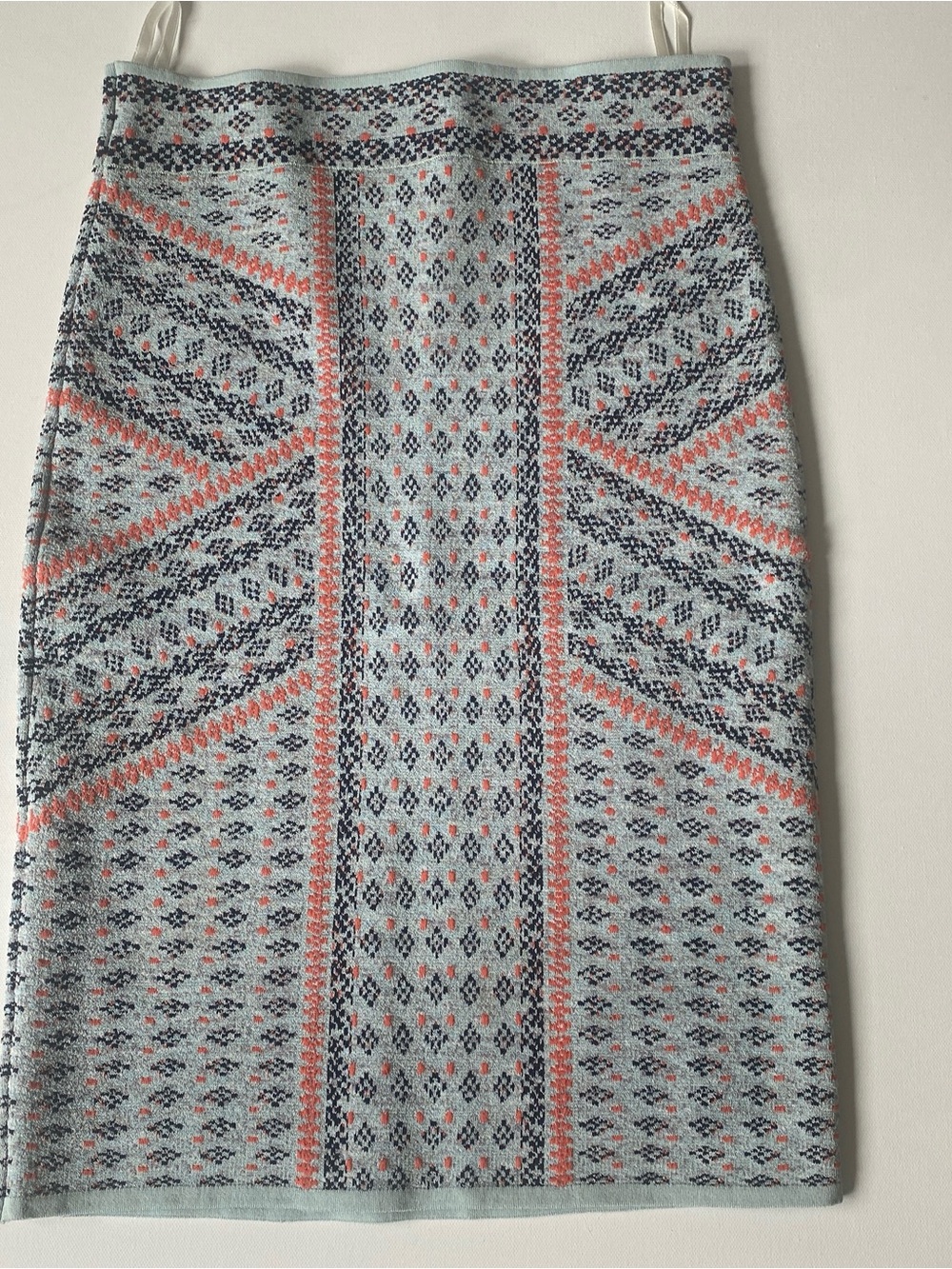 BCBGMaxAzria Light Blue Knit Pencil Skirt with Coral and Navy Accents